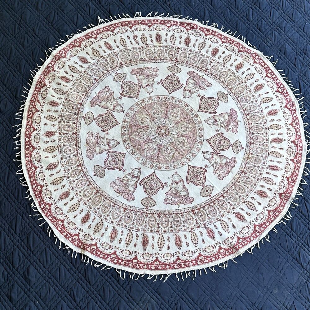 Saudagiri Block Print Tablecloth Thalposh Indian Textile Round Fringe 55”